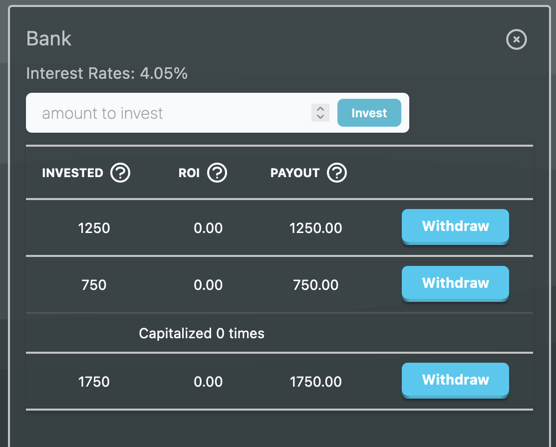 bank part with three investments and one of them expanded to see how many times it has returned a investment