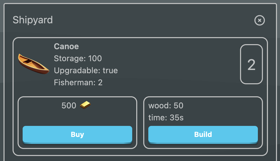 interface of the canoe section in the port, with the different specs and actions to buy or build a new one