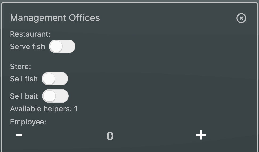 management offices building at the moment in development which has restaurant and store toggles to start and stop them from working and emmployee controls to increase or decrease the amount of sellers you have active