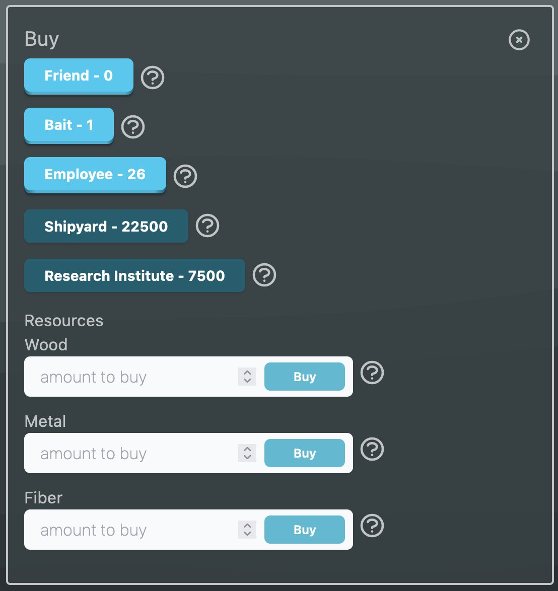 buy/store building showing a 'mid' game state with the option to purchase a shipyard and a research institute and well has resources (wood, metal and fiber)